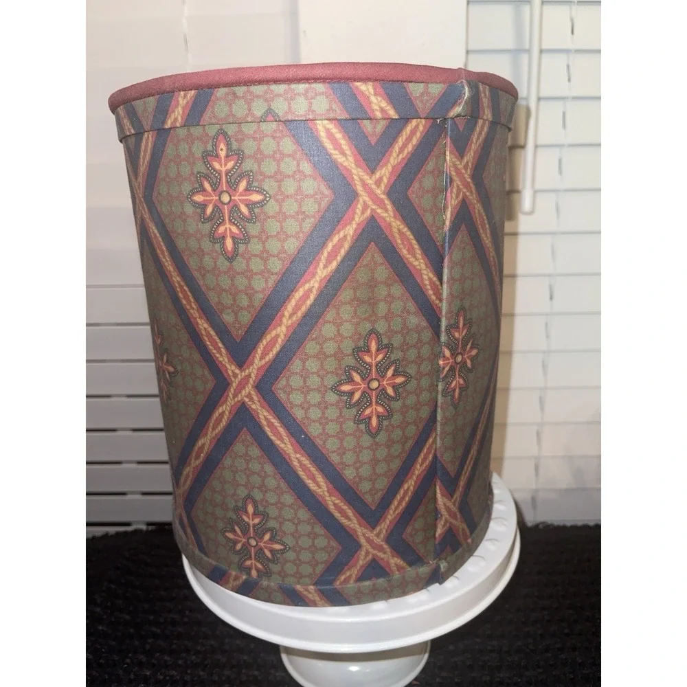 Vintage Burgundy Navy Green Pattern Material Waste Basket Trash Can Vineyard Inc